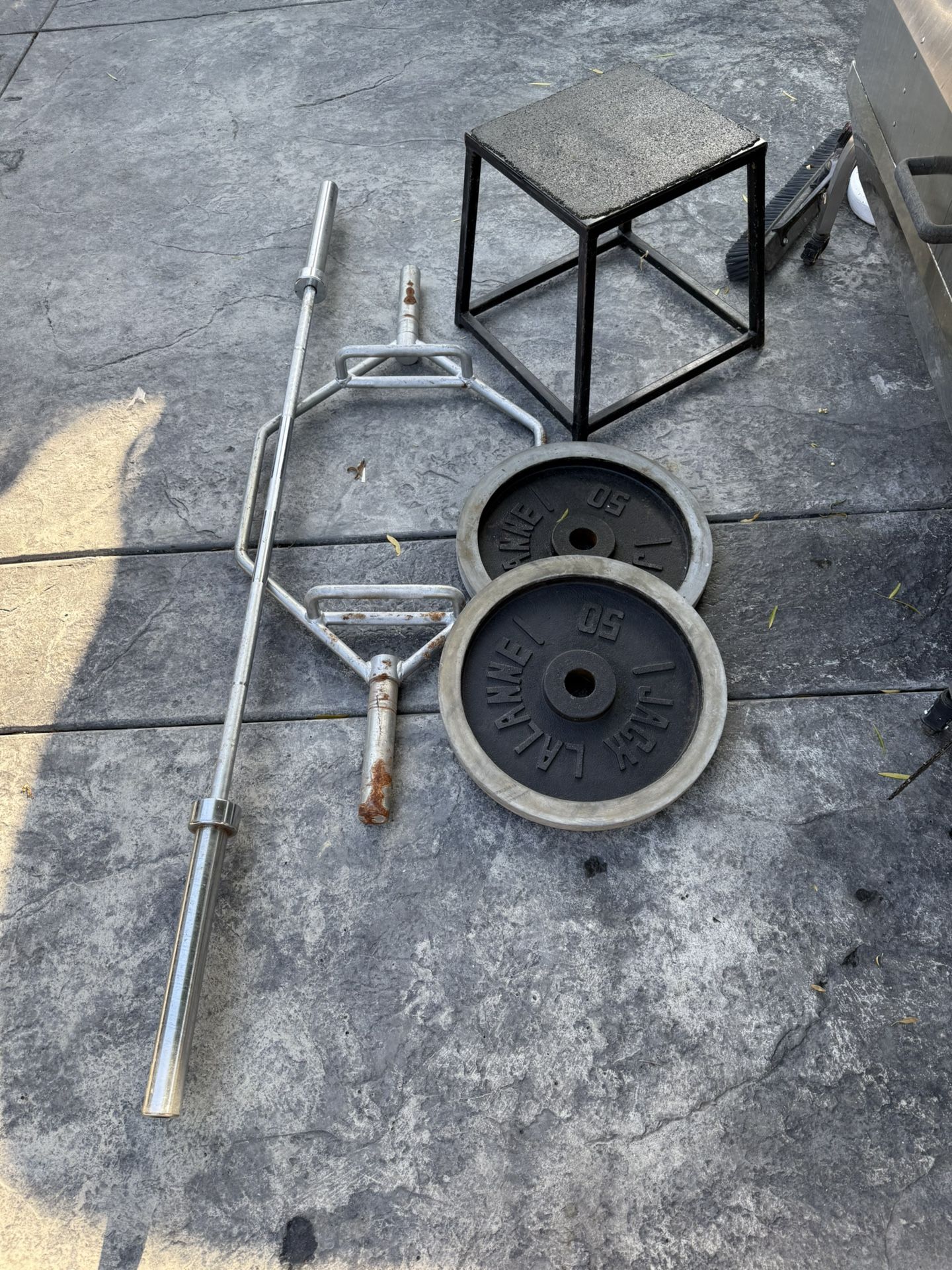 2. (50) Jack LALANNE Olympic 2 inch weights/ (7’) foot Olympic straight bar/one squat bar/one workout stand