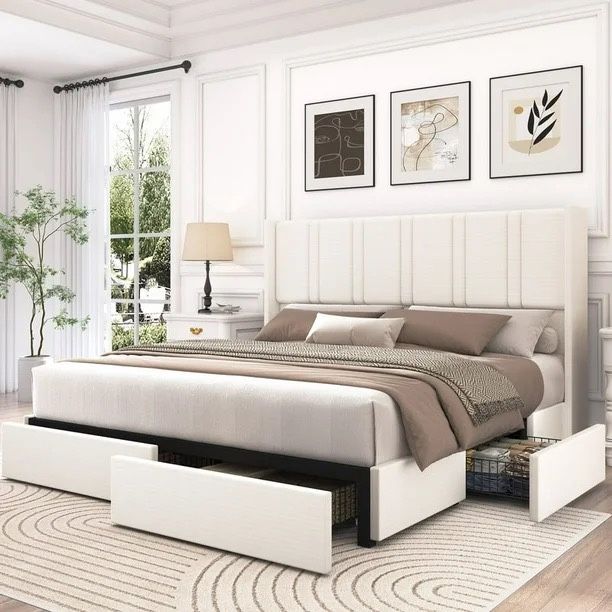 Queen Size Bed Frame Upholstered Platform Beds with 4 Storage Drawers, Wingback Bed Frame with Wooden Slats Support, Beige