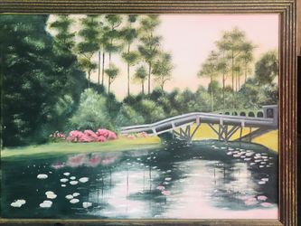Vintage oil on canvas landscape of bridges , trees x 20