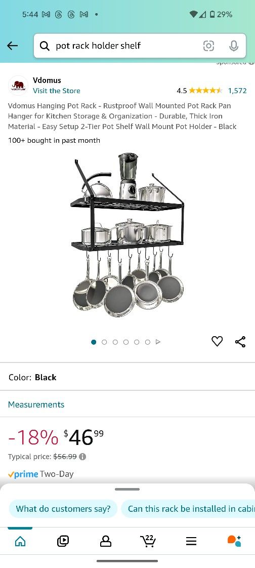 JS HANGER Pot Rack Wall Mounted, 2 Tier Pot and Pan Hanging Rack Organizer Wall Shelves with 16 Hooks for Kitchen Cookware Utensils Organization Black