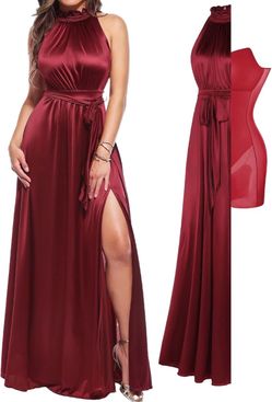 Popilush Red Satin Halter Maxi Dress