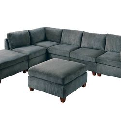 Brand New Super Plush Grey Chenille Modular Sectional Sofa w Ottoman 