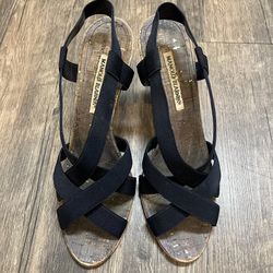 Manolo Blahnik Canvas Slingback Sandals Navy Blue Shoes Strappy Heels Size 10