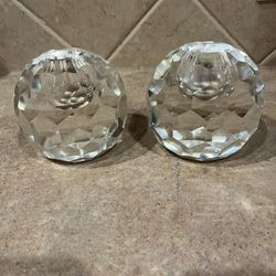 Set of 2 Heavy Deco Leaded Round Crystal Candle Stick Holders 