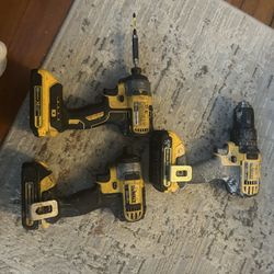 Three Dewalt Screw Guns Two And Pack Gun Three Batteries And A Charger