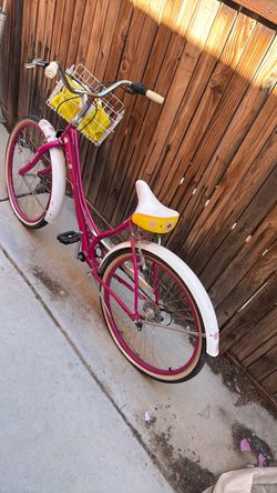 Pink Women's Beach Cruiser Bicycle with Basket
