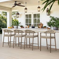 Set of 4 Bar Stools, 24.8'' Aluminum Outdoor Bar Stool, Boho Rattan BarStools, Olefin Rope Woven Bar Chairs, Brown