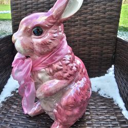 $25.00 - 1970's-80's Handcrafted Pink Ceramic Bunny! Gorgeous Pearlized Pink Finish & Gloss! Organza wired Ribbon/16" Tall/Like New!
