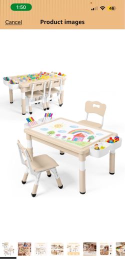 Kids Table & 2 Chairs Set, Adjustable Heights, Storage, Khaki Graffiti & Building Blocks Tabletop, Children Activity Table Toddler Furniture Set for P