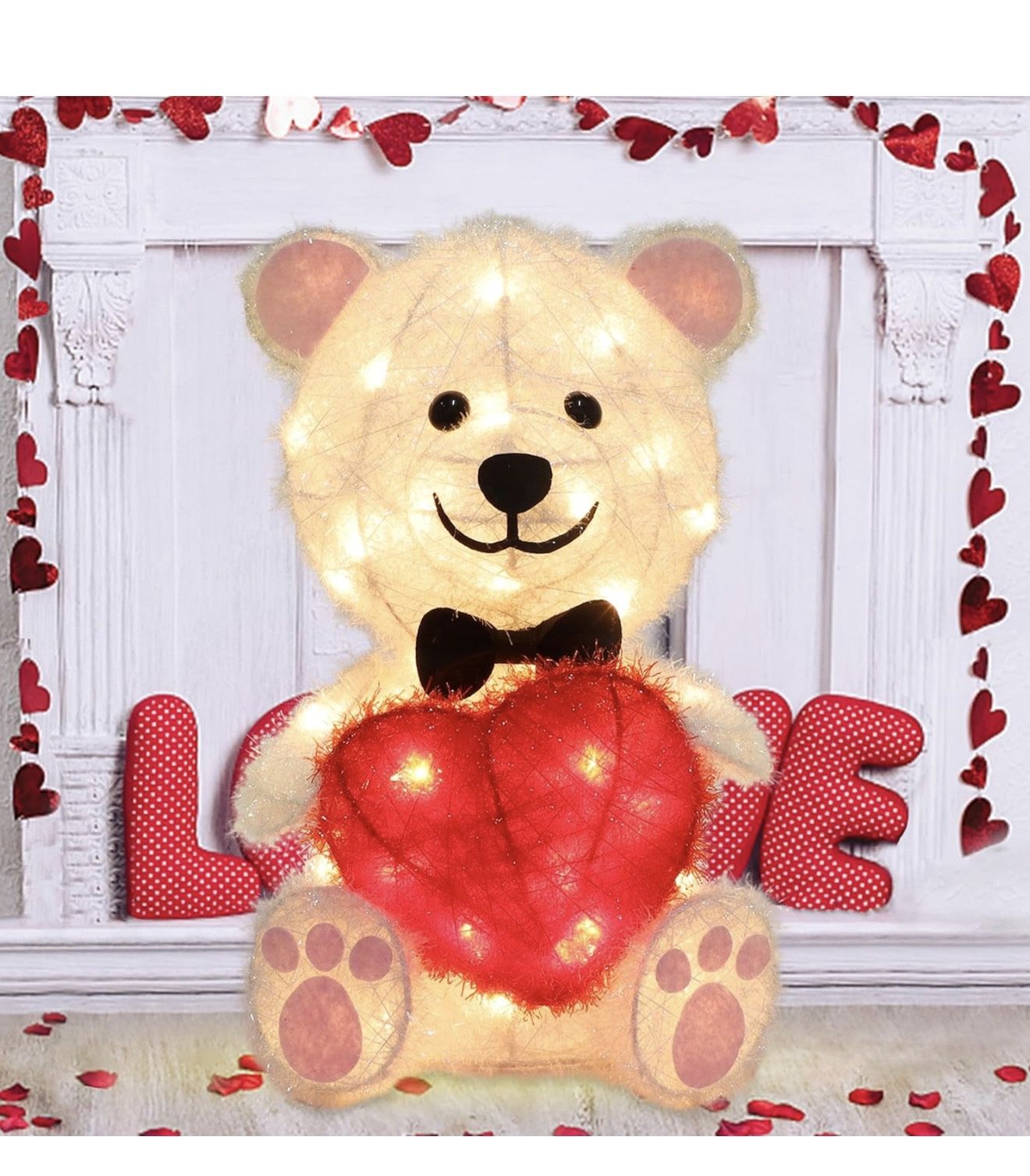 16 Inch Tinsel 3D Bear with Love Heart, Pre-Lit 35 LED Light up Decor Gift for Women Mom Wife Girls Valentine's Day Anniversary Birthday