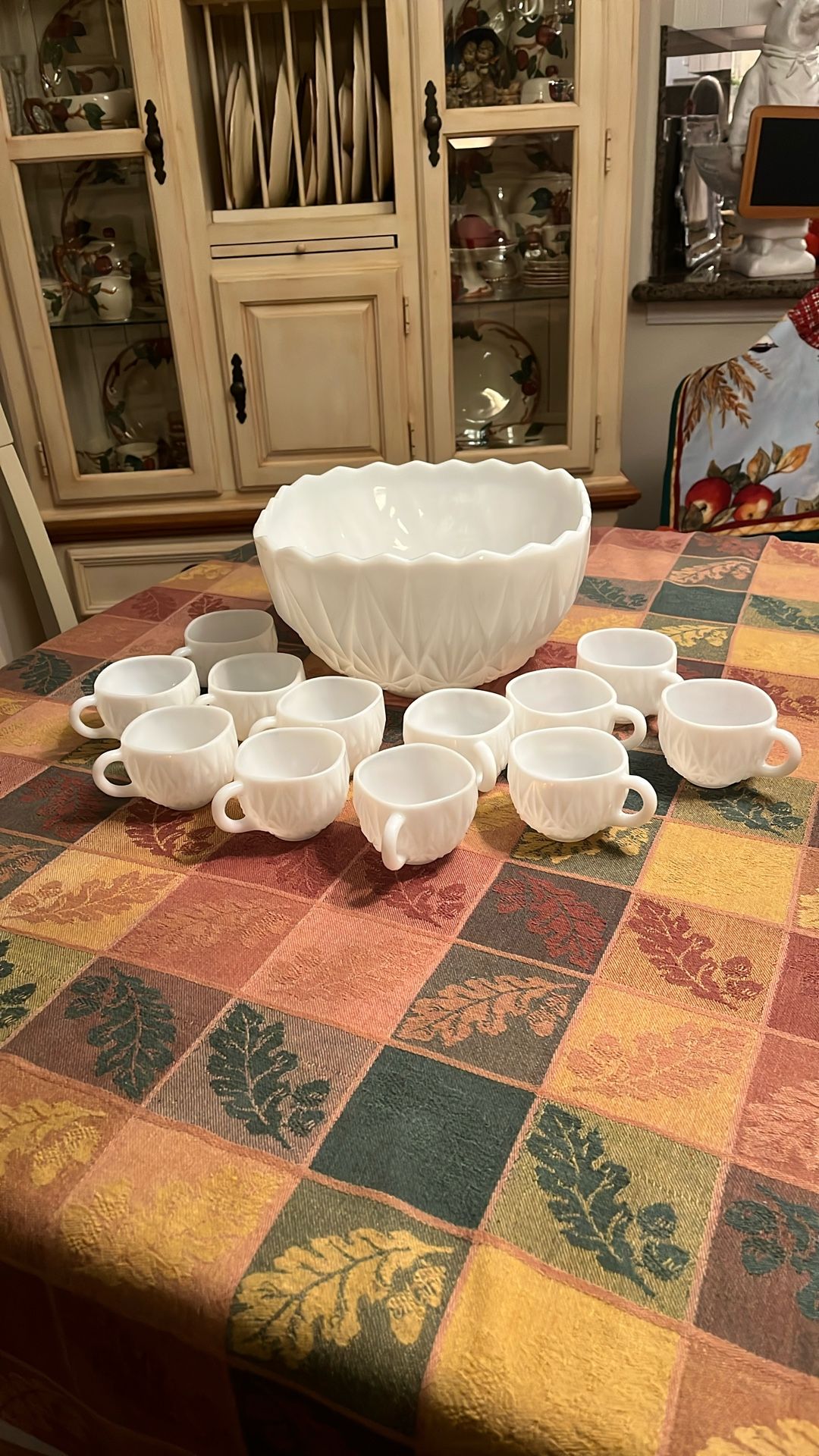 Vintage Milk Glass Punch Bowl Set