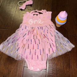 New Girl’s 1st Birthday Out Fit, Matching Bow & Ice Cream Silicone Stacking Toy