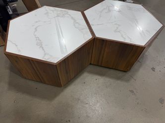 Retro 31.5 in. Walnut and White Hexagon Faux Marble MDF Top Coffee Table Set of 2 with Hidden Drawers