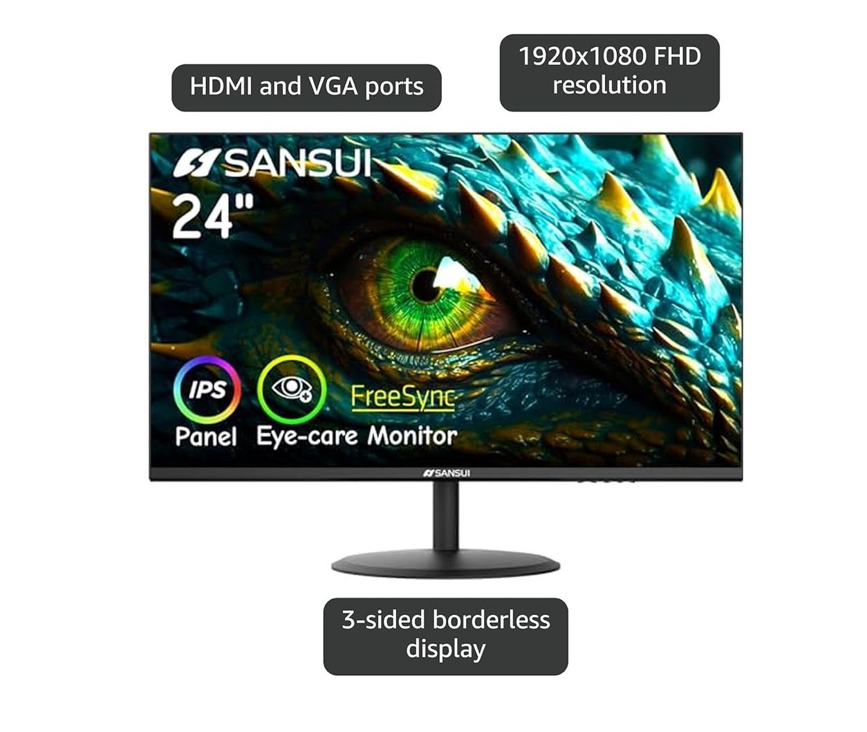 SANSUI Computer Monitor 24 inch Eye Care 1080P Display HDMI,VGA Ports with 178° Viewing Angle/Frame-Less/Tilt/VESA Compatible for Office and Home