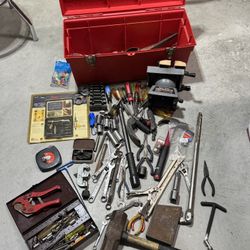 Tool box & tools, 3/4” drive wright breaker bar, craftsman torque wrench, sledge hammer etc. 