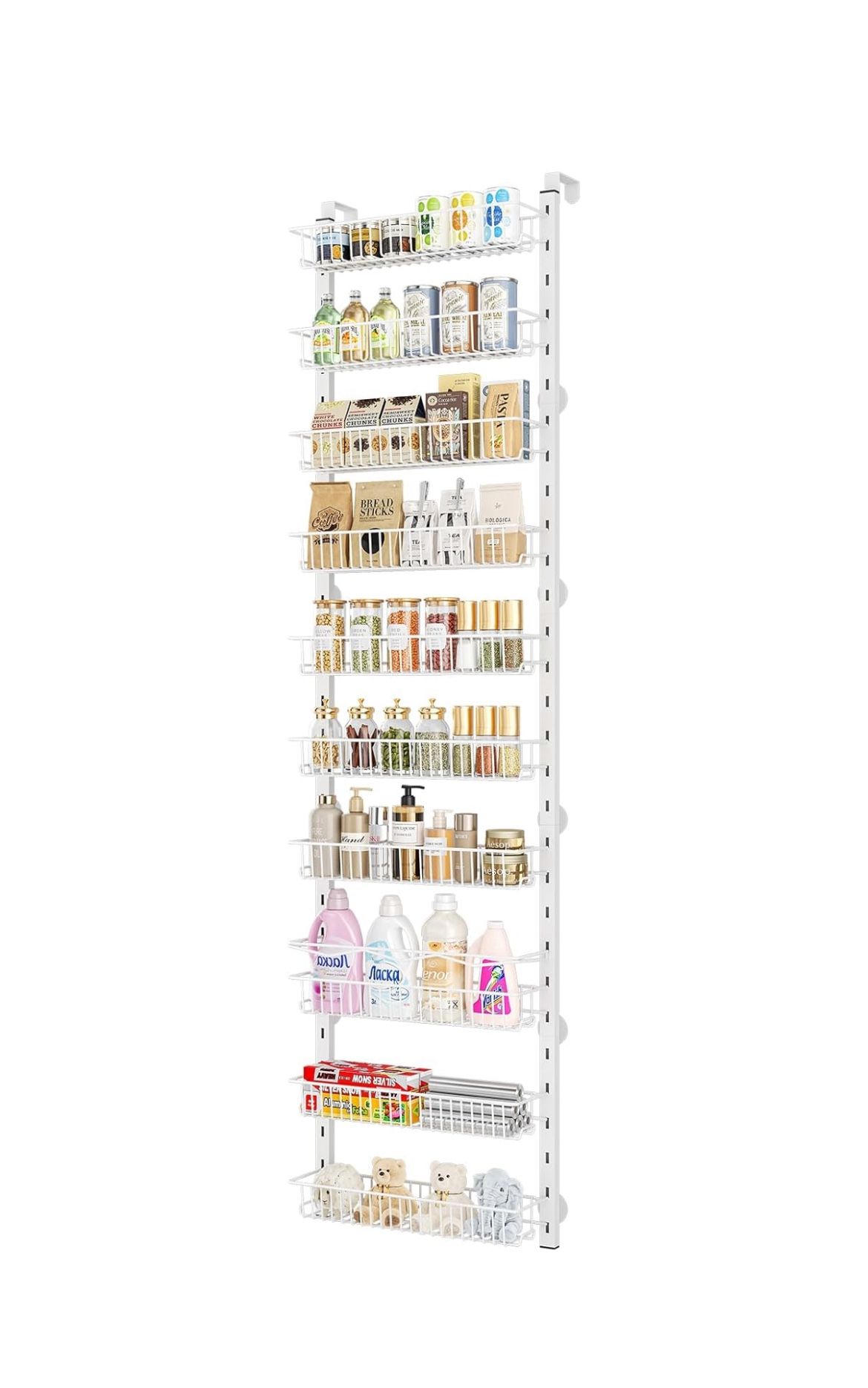 Over the Door Pantry Organizer, 10-Tier Adjustable Spice Rack Cabinet Door Shelves, Hanging Seasoning Organizer for Kitchen Bathroom, Laundry Room Org