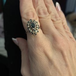  Espo 14k GE Ring Silver Tone Blue Topaz Clear CZ Stones Design Joseph Esposito Sz 8.75