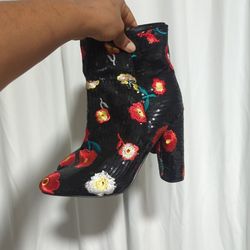 Floral Print Sequins Boots