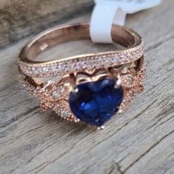 18K Rose Gold Over Sterling Silver Blue The Sapphire CZ 2pc Engagement Wedding Ring CLEARANCE SALE 