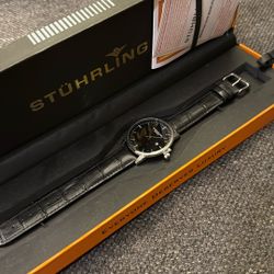 Stuhrling Original Mens Black Watch Calfskin Leather Strap Classic Dress Wrist Watch Minimalist Analog Watch Dial with Date Mens Black Watch