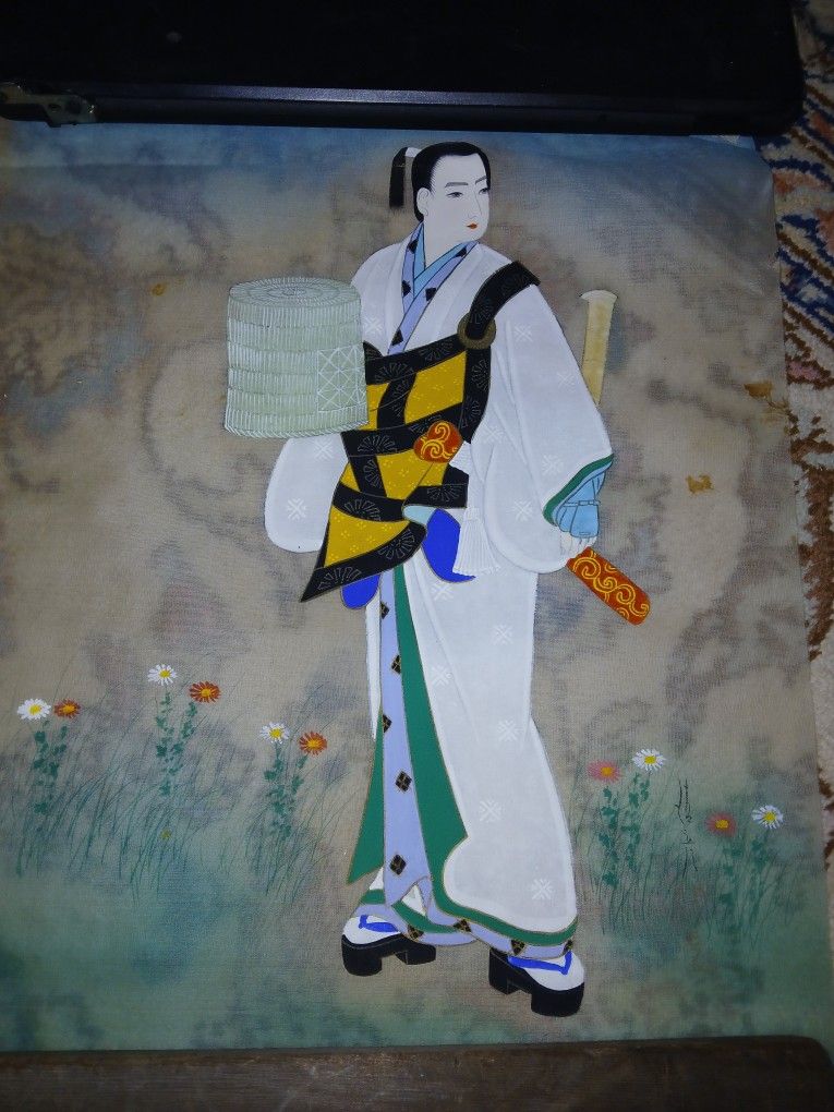 Antique Signed Japanese Oil Paintings On Silk.