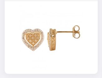 14K Yellow Gold Over Sterling Silver 0.10 CTW Diamond Heart Designer Earrings