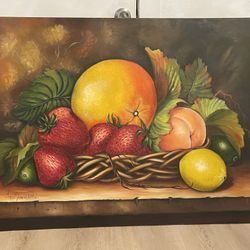 Vintage Signed Oil Painting of Fruit basket by Leo Marin Pinto 3x4