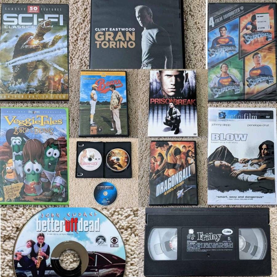 Assortment of classic, vintage, retro and modern movies films DVDs VHS cassette tape