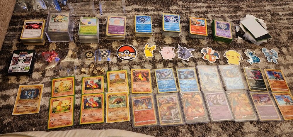 Huge Lot Of Pokemon Cards, Stickers, Dice, Coins, Sleeves, Hard Case, Online Redeem Codes