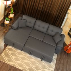97" x 59" 3-Seats Sleeper Sectional Sofa Bed W/ Chaise Storage, Pull Out Sleeper
