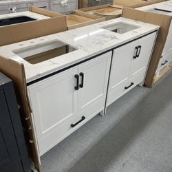 Bathroom vanity cabinet 72” solid birch quartz top with sinks and backsplash 