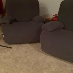 2 Recliners Grey Covers Brown Under Clean 