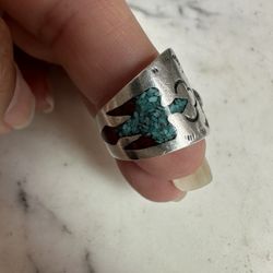 925 Sterling Silver Vintage Native Am .Thunderbird Ring - Turquoise And Red Coral Inlay- Size 7