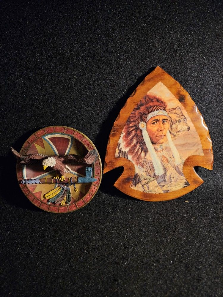 Lot Of 2 Vintage Native American Wall Art. One Of Wood, One In 3-D Resin Plate.