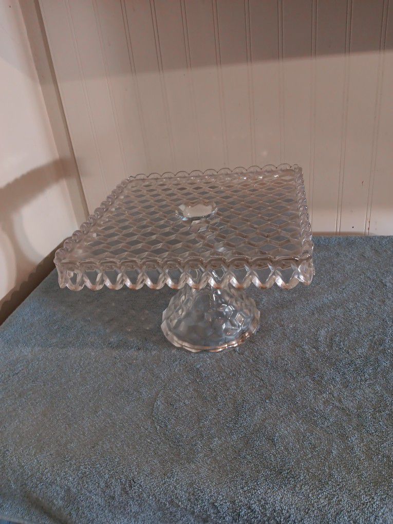 1940's Vintage Fostoria American Clear Square Cake Stand Wedding Cake Display With Rum Well 7.5" Tall 10 1/4" Square Good Condition No Cracks Or Chips