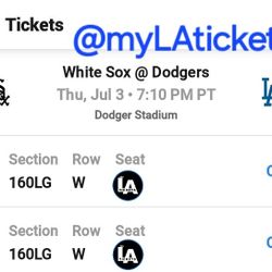 2 TIXS - DODGERS VS WhiteSox - LOGE 160- EXTRA LEG ROOM  SHADE - 7/3  - One Piece Hat Giveaway 