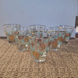 VINTAGE 1950s Libbey Glasses Aqua/22k Gold Pinecone Decorated Glasses - FULL Set of 6