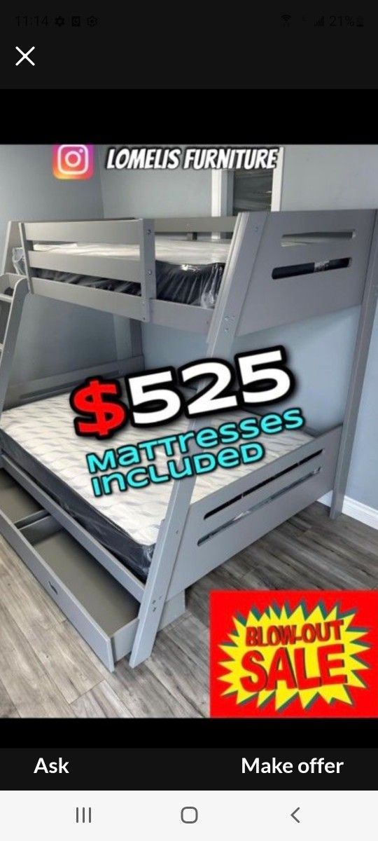 Twin Full Grey Bunkbed With Ortho Mattress Included!!