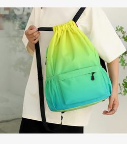 Drawstring Backpack With Outside Zipper Pocket, Oxford Drawstring Bags for Sports, Work (Yellow-green)