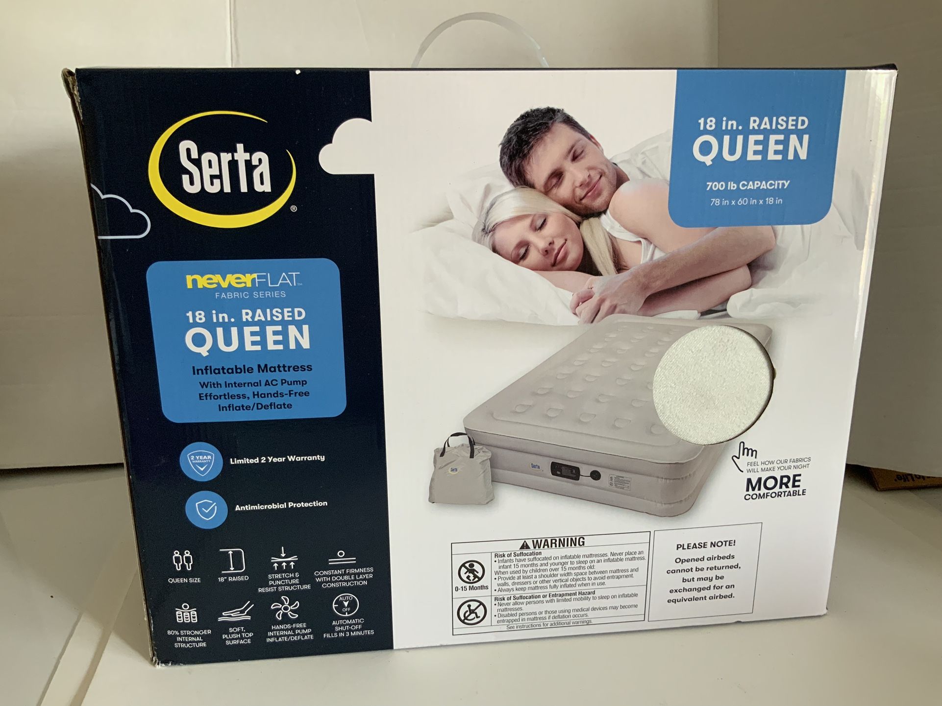 Serta NeverFLAT Fabric Series Raised with Internal Pump and Plush Air Mattress  18" Queen (Beige) Inflatable 