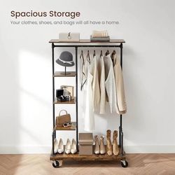 New Clothes Rack, Clothing Garment Rack on Wheels, 5-Tier, Industrial Pipe Style, Rustic Brown