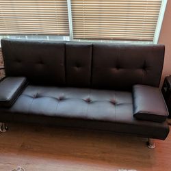 Black Leather Futon Couch - Adjustable - Convertible Bed