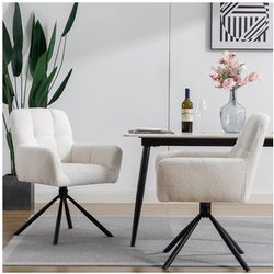 180 Degree Swivel Dining Desk Chairs Set , Sherpa Upholstered Kitchen Chair, Lambswool Boucle Arm Chair with Metal Legs for Dining Living Room, Of