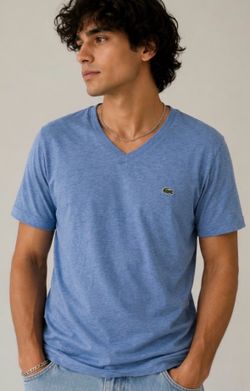 Lacoste Men’s Regular Fit Heather Blue V-Neck T-Shirt 100% Cotton Logo Tee