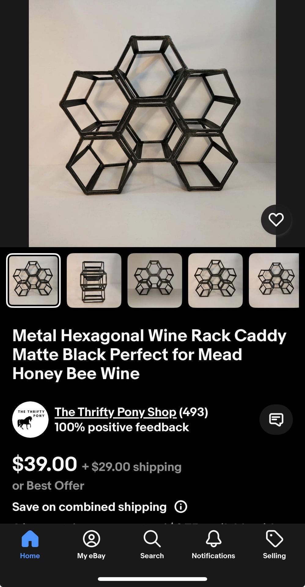 Metal Hexagonal Wine Rack Caddy Matte Black Perfect for 6 Bottle of Wine