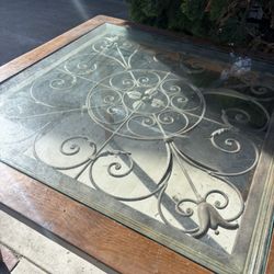 Wood Table With Wrought Iron And Glass Inlay  