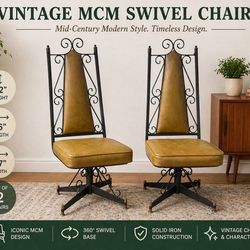Vintage Mid Century Modern Swivel Chairs Iron Rod Pair MCM Atomic Style