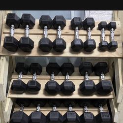 Complete Set Of 10 Pairs Of Rubber Hex Dumbbells  - 5’s To 50’s