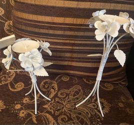White Metal Floral Candle Holders Set of 2
