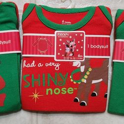 Lot Of 3 Baby Infant Christmas Rudolph Bodysuits Size 6 Months NEW!